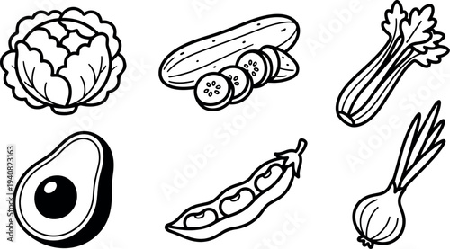 Line art vegetable icon set: top down cabbage, sliced cucumber, celery stalk, avocado half, pea pod, spring onion, isolated bold outline