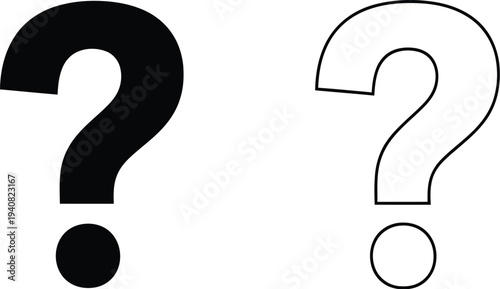 Set of two question mark vector icons: one solid black and one outlined white, symbolizing query, doubt, help, and uncertainty for web design, presentations, and educational content.