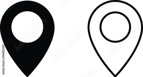 Set of two minimalist black and white location pin icons vector, one solid filled and one outlined, ideal for maps, navigation, and digital interface design.