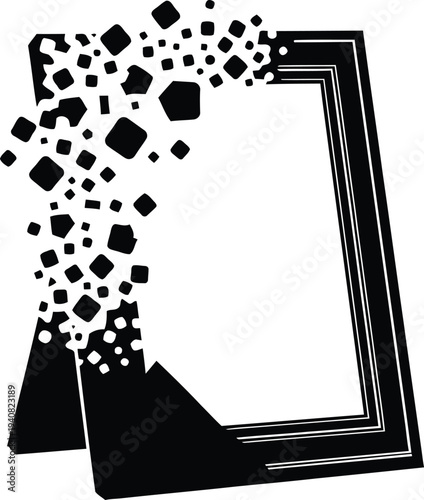 A black silhouette of a digital photo frame or tablet device showing a mountain landscape and dissolving into scattered pixel particles at the edges.