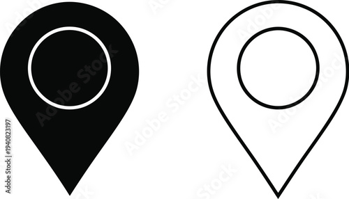 Set of 2 Location Pin Icons Vector - Solid Black and Outline Map Pointer Symbols for Navigation, GPS, and Destination Markers