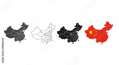 Outline maps of china including flag representation and regions