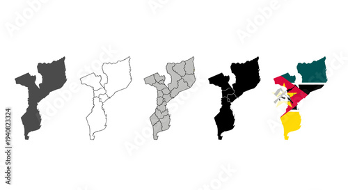 Mozambique map collection outlines divisions and flag representation