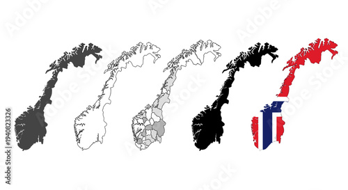 Diverse norway map silhouettes and flag representation isolated