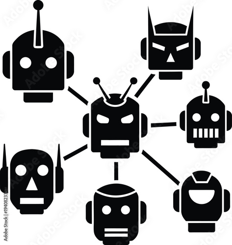A centralized network of diverse robotic heads with different antenna designs and facial expressions representing a complex AI swarm system.