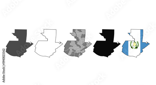 Guatemala map outline and flag variations for graphic design