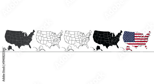 United states map outlines in various styles including flag