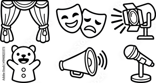 Minimal line icon set theatrical elements including curtain, comedy and tragedy masks, spotlight, simple puppet, megaphone and microphone, black landscape