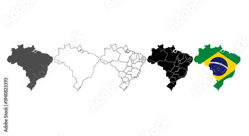 Brazil map silhouettes and flag representation collection