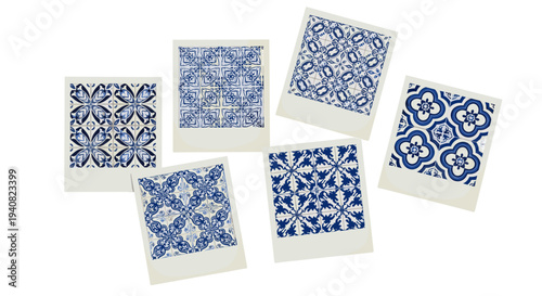Six blue and white ceramic tile patterns displayed on white background