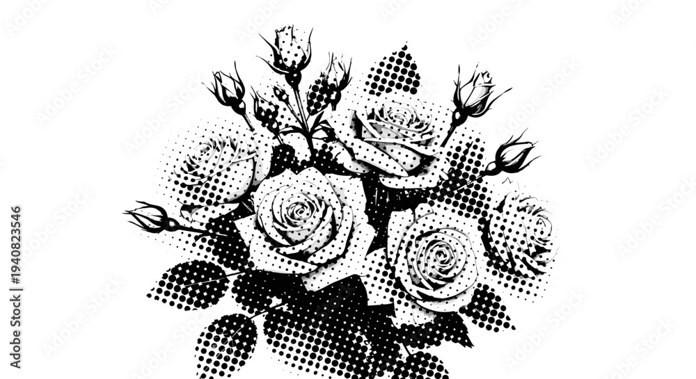 Obraz premium Vintage rose bouquet with halftone dots and shadows black and white