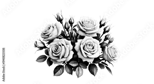 Elegant black and white sketch of a rose bouquet with buds and leaves