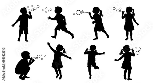 Children blowing bubbles silhouettes, playful kids outdoor activity, summer fun, vector illustration