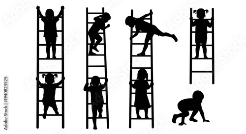 Children Climbing Ladders Silhouette: Childhood, Activity, Play, Growth, Challenge