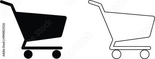 Set of 2 Shopping Cart Icons Vector: Black Solid and Outline Design for E-commerce, Retail, and Online Store UI/UX Elements