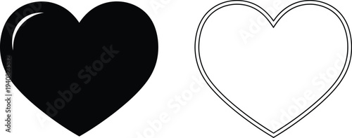 Set of 2 Heart Icons Vector: One Solid Black Heart with Glossy Highlight and One Double-Lined Outline Heart, Ideal for Love, Like, Favorite, or Valentine's Day Designs