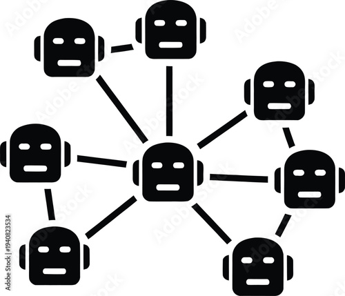 A black silhouette of multiple robot heads connected by a centralized digital network representing swarm intelligence and robotic communication systems.