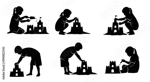 Children Building Sandcastles on Beach: Silhouette Collection