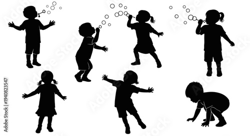 Children blowing bubbles, silhouettes of kids playing outdoors, joyful childhood moments