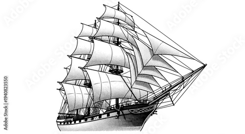 Vintage tall ship silhouette with full sails detailed nautical