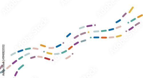 Abstract wavy colorful dashed lines flow across white background