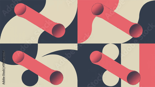Abstract Geometric Composition with Cylindrical Forms and Swirling Patterns