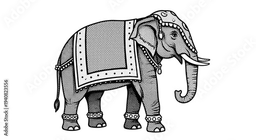 Ornate elephant illustration with decorative blanket and headwear