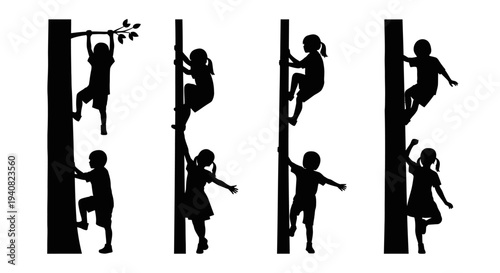 Children Climbing Trees Silhouettes: Outdoor Activity, Fun, Healthy Lifestyle