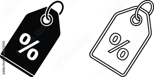 Set of 2 black and white vector price tag icons with percentage symbols, perfect for discount, sale, and special offer promotions in e-commerce and marketing designs.