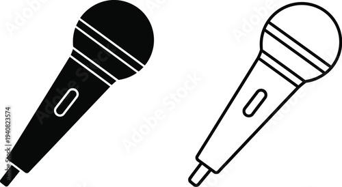 Set of 2 Black and White Microphone Icons Vector for Audio Recording, Live Performance, Podcast, and Broadcasting Design Elements