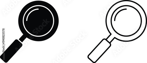 Set of 2 Magnifying Glass Icons Vector in Solid Black and Outline Styles for Search, Zoom, and Discovery UI Elements