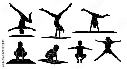 Children Gymnastics Silhouettes: Cartwheels, Handstands, Jumps, Squats, Yoga Poses