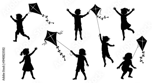 Children Flying Kites Silhouette: Joyful Kids Playing Outdoors