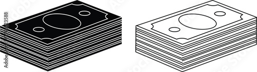 Stack of Money Banknotes Vector Icon Set in Black Solid and Outline Styles for Finance, Business, and Economy Concepts