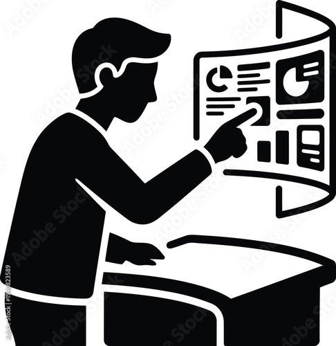 A profile silhouette of a man interacting with a curved floating digital screen displaying various data charts, graphs, and analytical information.