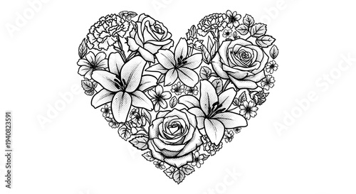 Heart shape floral design with roses and lilies romantic love symbol