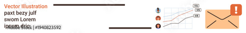 Communication, data analysis, email notifications, alert systems, digital marketing, teamwork insights. Chart with user avatars and an envelope notification. Communication and data analysis concept