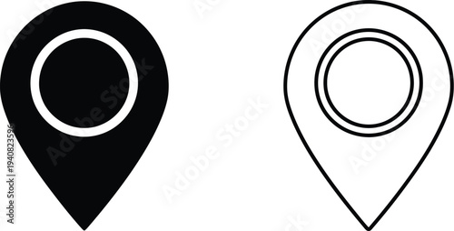 Set of 2 black and white location pin icons vector, featuring solid and outline styles for map markers and navigation graphics