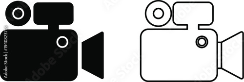 Set of 2 Video Camera Icons Vector: One Solid Black and One Outline Style for Film, Movie, and Multimedia Content Creation
