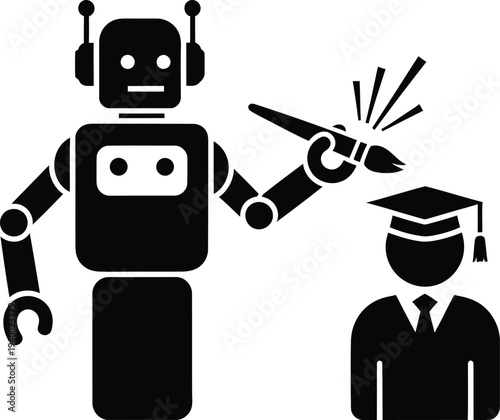 A black silhouette of a robot holding a paintbrush over a student in a graduation cap representing AI in education and creative learning.