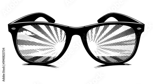 Retro sunglasses reflecting bursting sun rays in halftone style