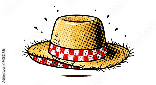 Straw hat with red and white checkered band vintage illustration