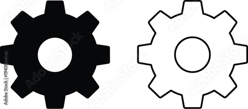 Set of 2 Gear Icons Vector: Black Solid and Outline Cogwheel Symbols for Settings, Configuration, and Mechanical Process Design Elements