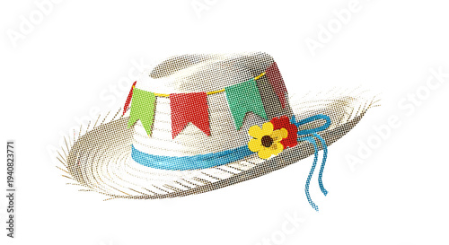 Straw cowboy hat decorated with colorful festival flags and flower