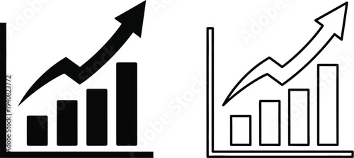 Set of 2 Growth Bar Chart Icons Vector: Solid Black and Outline Style for Business Analytics, Financial Progress, and Marketing Success