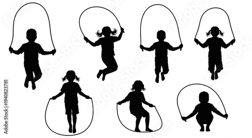 Children Jumping Rope Silhouettes: Active Kids Playing Outdoor Fun