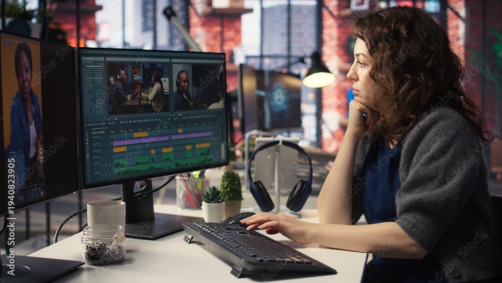 Naklejka premium Videographer creating material for social media reels to boost views, digital marketing and video editing blending to create the perfect user profile with followers reach. Video project. Camera A.