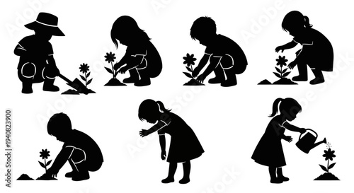 Children planting flowers in garden, silhouette set