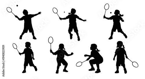 Children Playing Badminton Silhouette Set: Action Poses of Kids Enjoying Sport