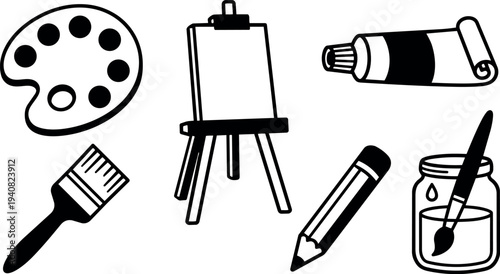 Line art vector icon set of art supplies showing easel, palette, paint tube, brushes, pencil and ink jar minimal composition